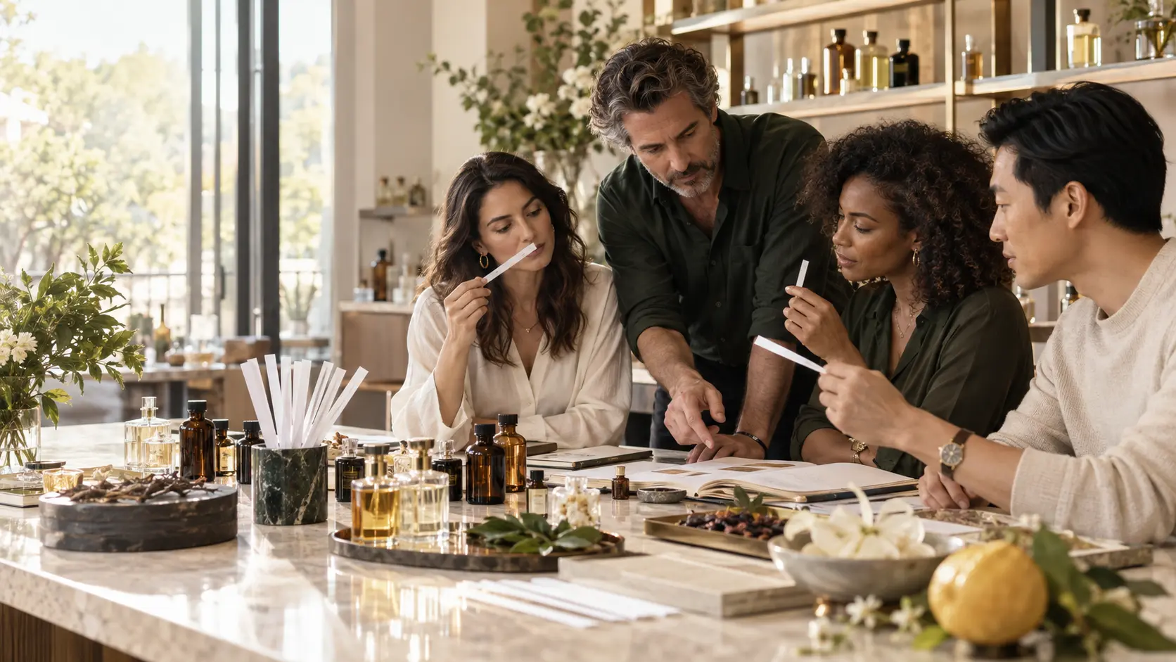 Luxeo team collaborating on fragrance development
